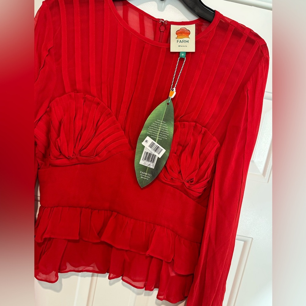 FARM Rio Bright Red Valentine’s Day Pleated Peplum Top Sz M NWT $198 - Picture 8 of 11